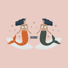 Surf Girl Vintage Mermaid Concept. Vector Illustration, Clip Art Image, Cartoon Flat Design