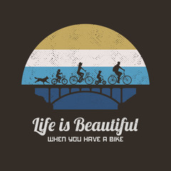 Sticker - people on bikes. cyclists on bridge. family road trip. retro backdrop