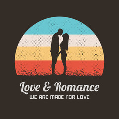 Sticker - Kissing couple. Retro illustration with silhouette of lovers.Romantic vector background for prints, t-shirts