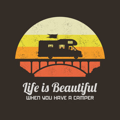 Sticker - Car on bridge. Man silhouette in camper. Road trip. Retro background