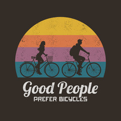Sticker - couple on bikes. retro illustration with silhouettes of cyclists on bicycles. road trip of two lover