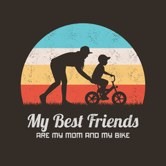 Sticker - Woman teaching boy to ride bike. Mother and child. Retro background