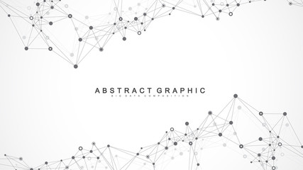 Geometric abstract background with connected line and dots. Network and connection background for your presentation. Graphic polygonal background. Wave flow. Scientific vector illustration.