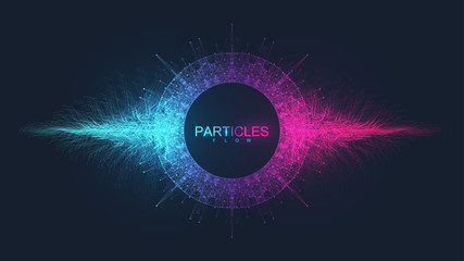 Fototapete - Abstract dynamic motion lines and dots background with colorful particles. Digital streaming background, wave flow. Plexus stream background. Big Data technology, vector illustration