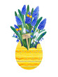 Watercolor Easter card with a big yellow egg. Stripes, dots and lines are drawn on the egg. Hand drawn egg with blue crocuses and snowdrops.The card conveys the spring mood for Easter.