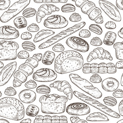 Hand drawn Bakery products and Sweet Pastries. Bread Seamless pattern. Vector illustration