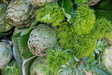 Freshly Picked Artichoke Exposed For Sale Healthy Mediterranean Food That Prevents The Appearance, Cholesterol Of The Vega Baja Of Alicante, Almoradí,Spain