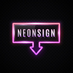 Wall Mural - neon banner with down arrow on dark transparent background. 3d rectangle gradient sign with glossy p