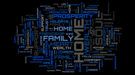 Modern blue word cloud on the topic family on black background