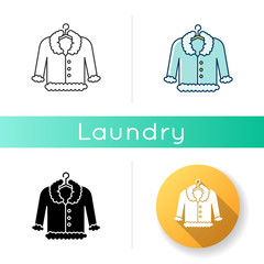 Sticker - Coat on hanger icon. Outerwear professional washing, laundry service. Overdress, fur delicate dry cleaning, stain removing equipment. Linear black and RGB color styles. Isolated vector illustrations