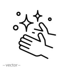 Wall Mural - clean shiny hands icon, care and hygiene for hand, sanitizer, thin line web symbol on white backgrou