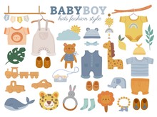 Set With Baby Trendy Clothes, Accessories And Toys On White Background. Boys Kids Fashion Elements. Shorts, Shirt, Trousers, Jumpsuit. Casual Child Wardrobe On Hanger. Cartoon Vector Illustration.