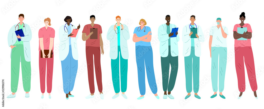 Doctors, medical workers, medics and nurses. Representatives of different medical specialties. Ethnically diverse - obrazy, fototapety, plakaty 