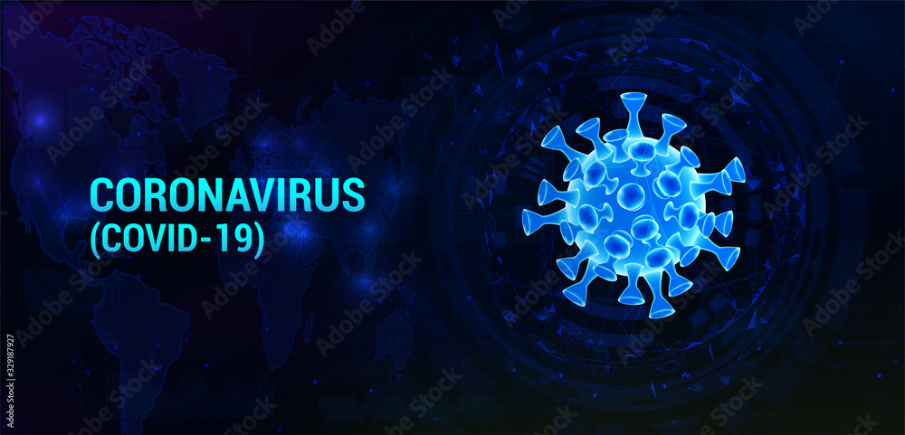 Covid-19 bacteria with to the World Map and infected locations. Coronavirus healthcare banner. 3D Microbe on dark background. Infection pathogen virus with decay parts of polygons. Vector illustration - obrazy, fototapety, plakaty 