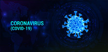 Covid-19 Bacteria With To The World Map And Infected Locations. Coronavirus Healthcare Banner. 3D Microbe On Dark Background. Infection Pathogen Virus With Decay Parts Of Polygons. Vector Illustration