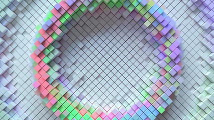 Poster - Abstract animation of moving impulse waves. Futuristic structure. Seamless geometric background. 4k loopable composition with white surface and random multicolored cubes.