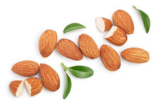 Almonds Nuts With Leaves Isolated On White Background With Clipping Path And Full Depth Of Field. Top View. Flat Lay