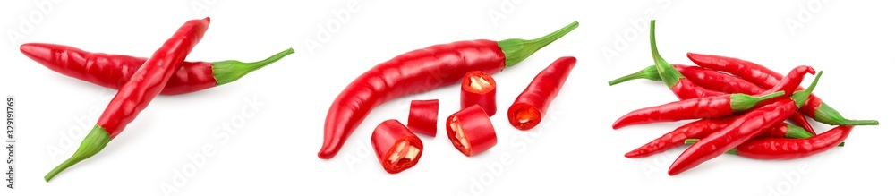 red hot chili peppers isolated on white background. Set or collection - obrazy, fototapety, plakaty 