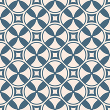 Funky Geometric Seamless Pattern With Crosses, Circles, Squares, Propellers. Abstract Blue And Pale Pink Background. Simple Colorful Vector Texture. Repeating Design For Decor, Print, Package, Textile