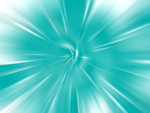 Abstract Turquoise, White Zoom Effect Background. Digitally Generated Image. Rays Of Turquoise,white Light. Colorful Radial Blur, Fast Speed Zooming Motion, Sunburst Or Starburst. 