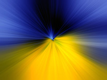 Abstract Yellow, Blue Zoom Effect Background. Digitally Generated Image. Rays Of Yellow, Blue Light. Colorful Radial Blur, Fast Speed Zooming Motion, Sunburst Or Starburst. Use For Banner Background 