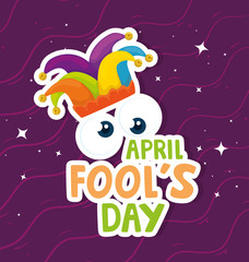 Sticker - april fools day with hat buffoon vector illustration design