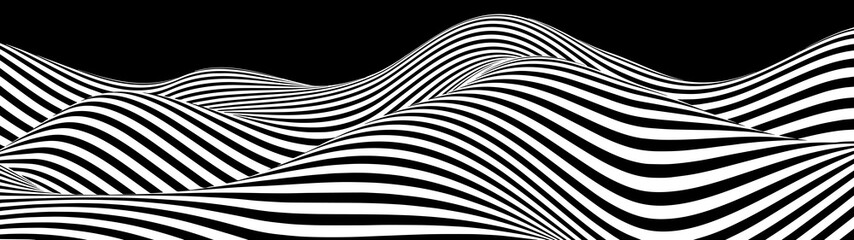 Poster - Abstract wave of white and black curved lines. Hallucination. Optical illusion. Twisted illustration. Futuristic background of lines. Dynamic wave. Vector.