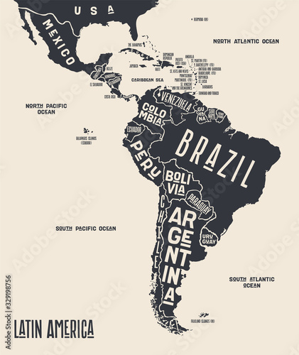 Dekoracja na wymiar  mapa-ameryki-lacinskiej-plakatowa-mapa-ameryki-lacinskiej-czarno-biala-drukowana-mapa-ameryki-lacinskiej