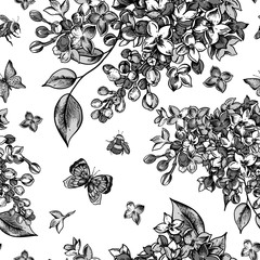 Wall Mural - Vector monochrome seamless pattern with blooming flowers of lilac