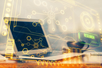 Fototapete - Double exposure of desktop computer and technology theme hologram. Concept of software development.