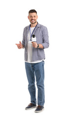 Poster - Male journalist with microphone on white background