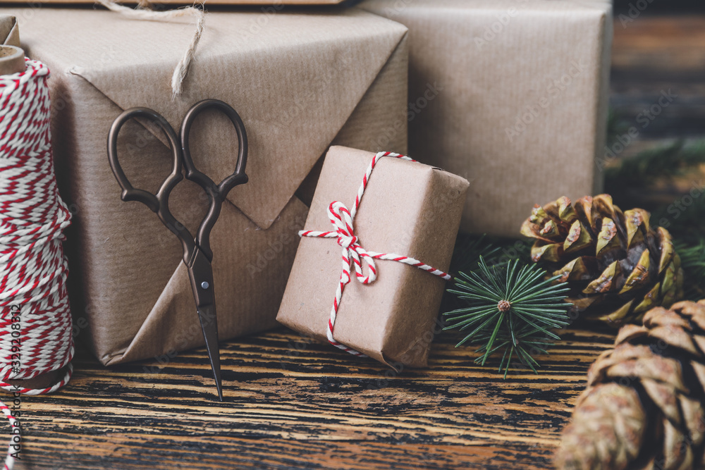 Beautiful gifts for Christmas on wooden table