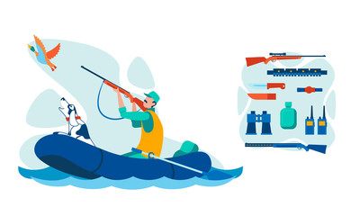 Water Bird Hunting Equipment Illustrations Set. Man with Dog in Inflatable Boat Flat Vector Character. Cartoon Hunter Shooting Wild Waterbird. Gunshot, Talkie-Walkie, Knives Tools and Instruments