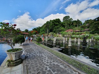 a view of the water temple in Bali, Indonesia