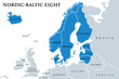 Nordic-Baltic Eight (NB8) member states political map. Regional co-operation format of Denmark, Estonia, Finland, Iceland, Latvia, Lithuania, Norway and Sweden. English labeling. Illustration. Vector.
