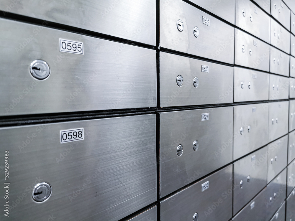 Metal safe box panel wall with open one. Concept for security and ...