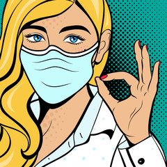 Pop art woman with squinted eyes and in mask. Vector background in comic style retro pop art. Invitation to a party. Face close-up.