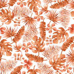  Tropical seamless pattern with jungle leaves: palms, monstera, banana. Terracotta watercolor beach art with palm trees and flowers. Hand painted illustration