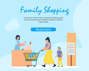 Family Mother and Son Shopping, Buying Goods for Sale. Woman with Trolley Full of Products Stand with Little Boy Stand at Counter Desk Paying for Purchases. Cartoon Flat Vector Illustration, Banner