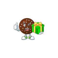 Poster - Cheerful chokladboll cartoon character holding a gift box