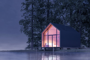 Secluded tiny house on the sandy shore of a lake with fog in a coniferous forest in the cold night light and with warm light from the Windows. Stock 3D illustration