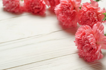 Wall Mural - Pink carnation flower on white wood corner.