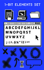Aufkleber - Set of retrowave and webpunk style elements: pixel typeface and user interface icons.