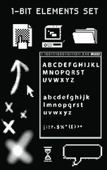 Aufkleber - Set of retrowave style elements: pixel typeface and user interface icons.