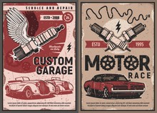 Auto Repair Service, Car Motor Race Vintage Vector Posters. Old Vehicles With Winged Spark Plug, Retro Car Racing, Diagnostics And Maintenance, Mechanic Garage Station And Restoration Work