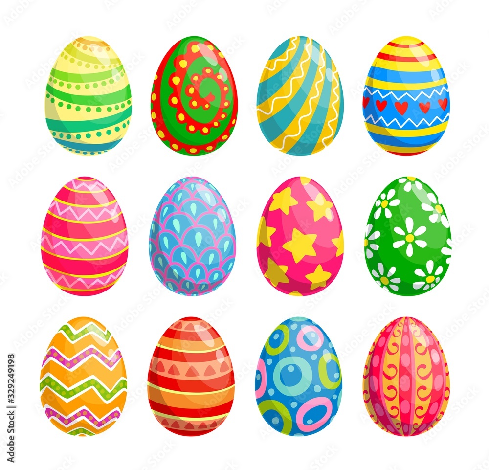 Easter egg isolated icons of religion holiday and egghunting vector design. Spring season painted eggs, decorated with colorful pattern of flower, stars and hearts, ornaments of stripes and dots - obrazy, fototapety, plakaty 