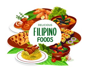 Canvas Print - Filipino asian cuisine, dishes food frame. Lump with meat, eggplant thalong, bicolar express, Filipino lumpia and mussels in coconut sauce, adobo with chicken and ensaimada vector round frame