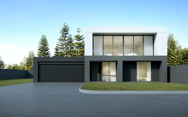Poster - Perspective of  black and white modern luxury house with green lawn yard on tree background, Idea of minimal architecture with garage door. 3D rendering 