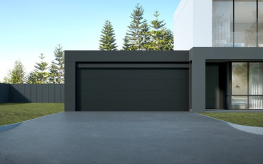 Aufkleber - Perspective of  black and white modern luxury house with green lawn yard on tree background, Idea of minimal architecture with garage door. 3D rendering 