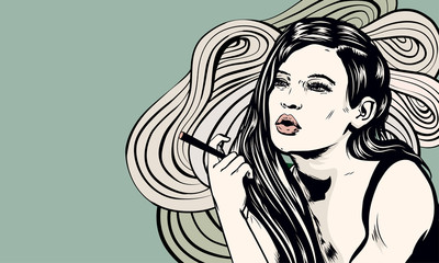 Woman smoking joint. Old fashioned styled vector image